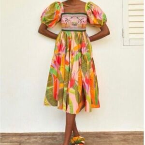 Farm Rio Pink Garden Embroidered Beaded Midi Dress